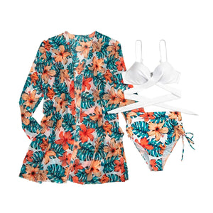 Tropical Twist Front High Waisted Three Piece Swimsuit