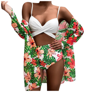 Tropical Twist Front High Waisted Three Piece Swimsuit