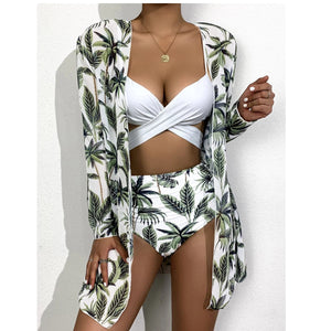 Tropical Twist Front High Waisted Three Piece Swimsuit