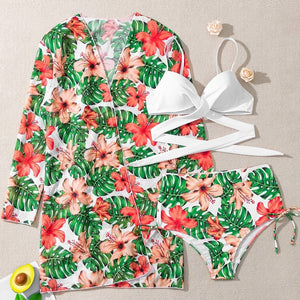 Tropical Twist Front High Waisted Three Piece Swimsuit