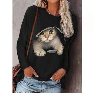 Women's T shirt Black and White Pink Cat 3D