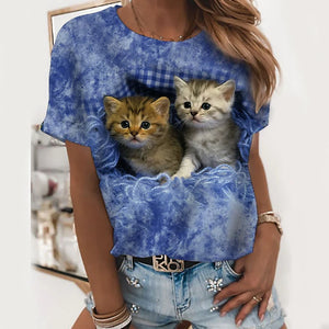 Women's T shirt Black and Blue Cat Print