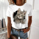 Women's T shirt Black White Yellow Cat