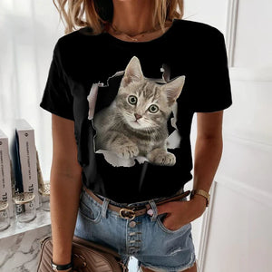 Women's T shirt Black White Yellow Cat